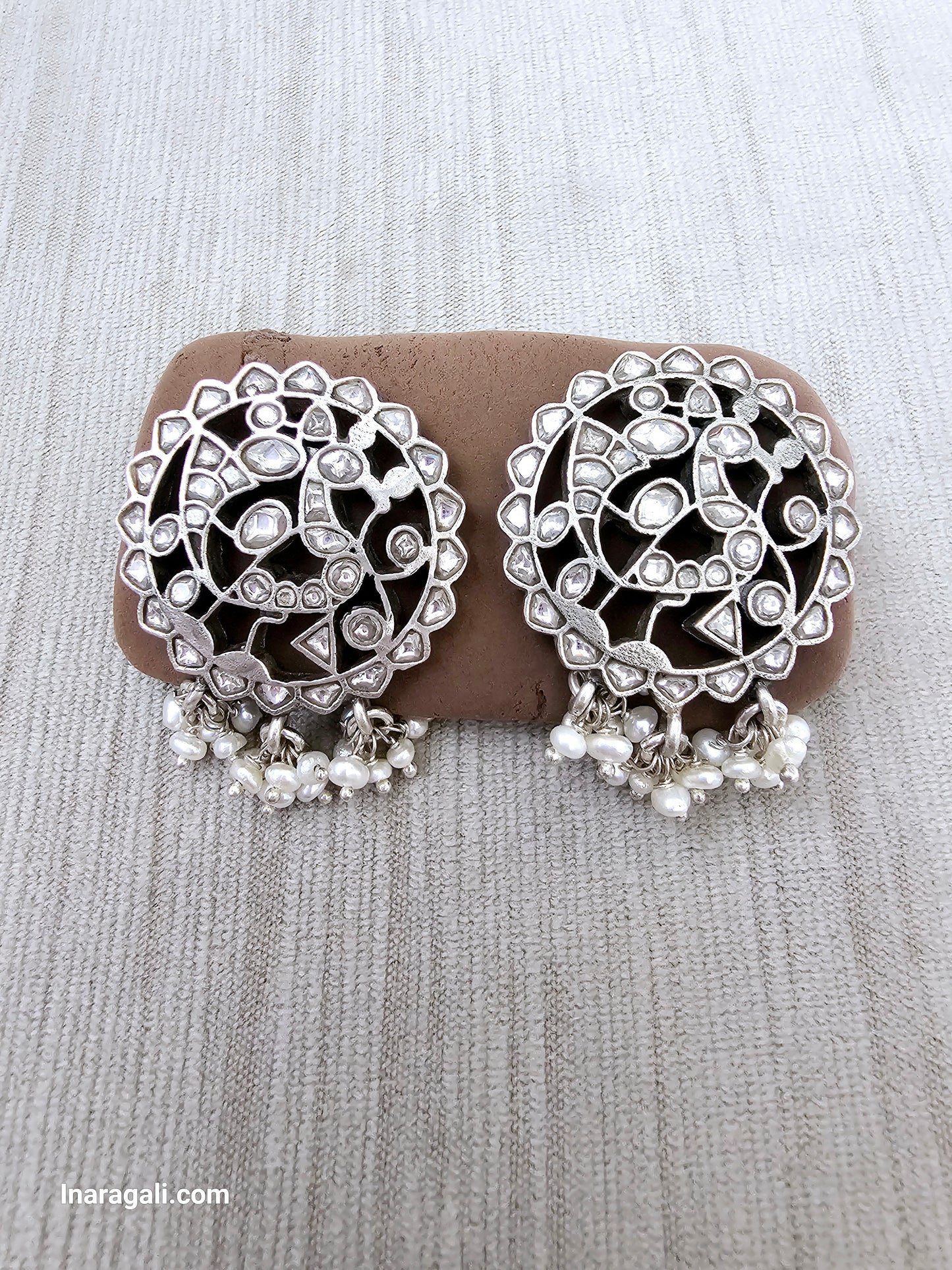 Crystal White Dangling Beads Statement Kundan Stud-Inaragali