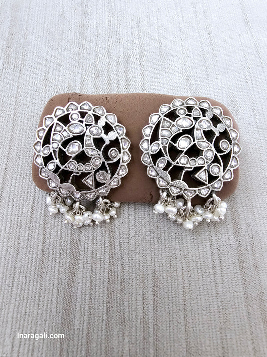 Crystal White Dangling Beads Statement Kundan Stud-Inaragali