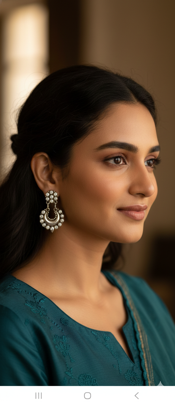 U-Shape Stone Studded Silver Jhumka Earring