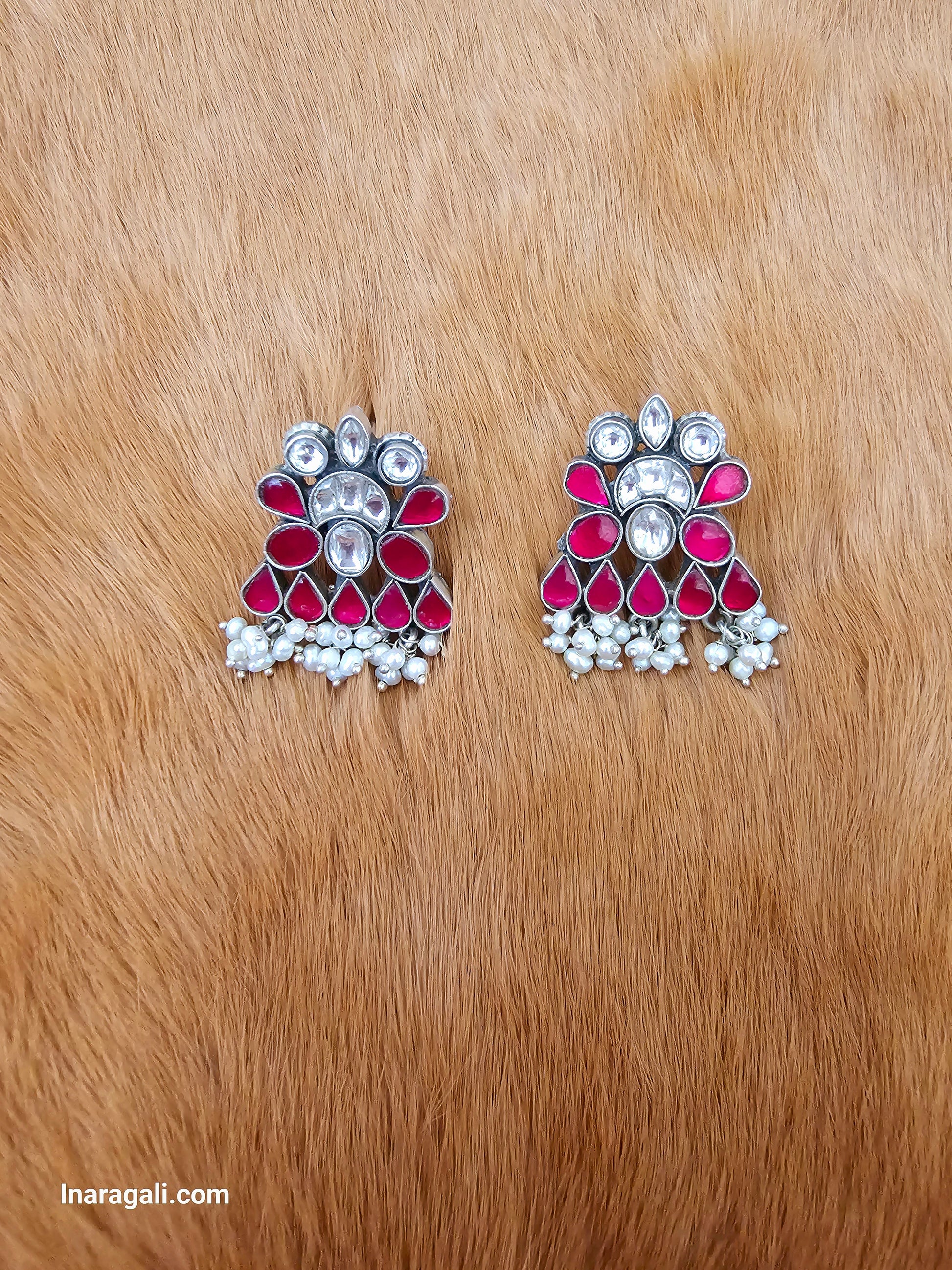 Pink And White Statement Kundan Stud-Inaragali