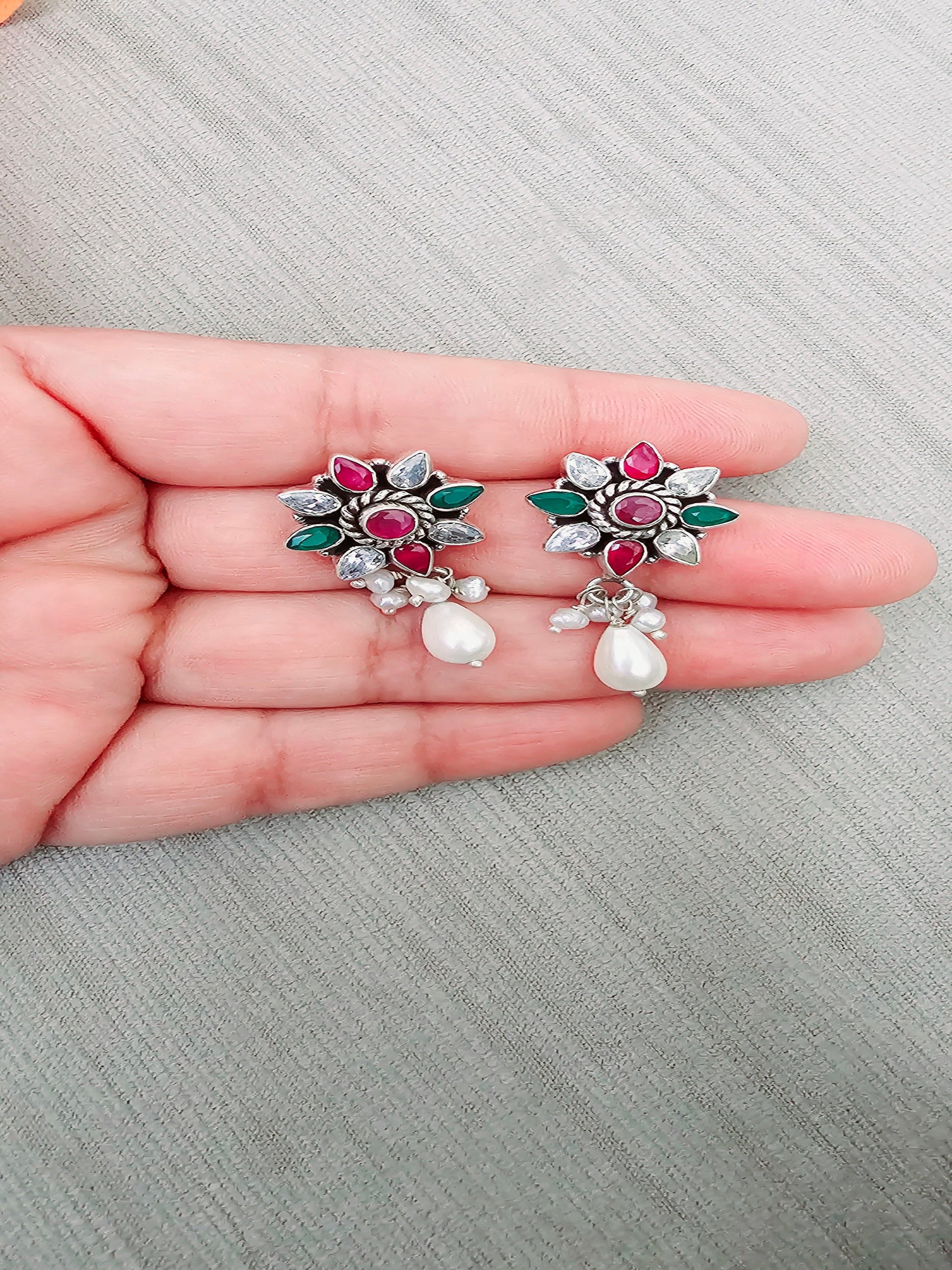 Sparkling Pearls Colorful Cut Stone Flowery Silver Earring