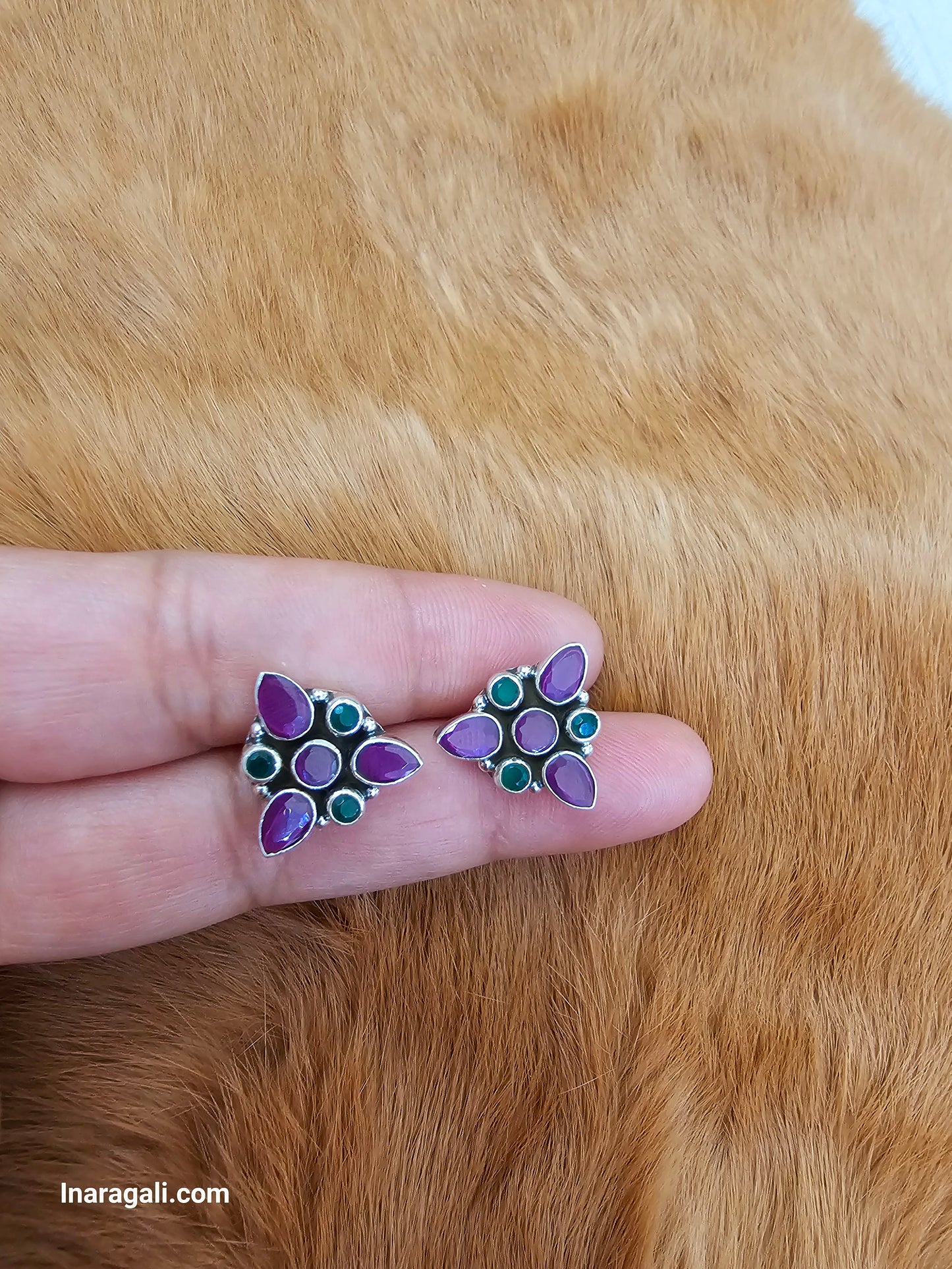 Colorful Tringle Cut Stone Silver Stud  Earring.